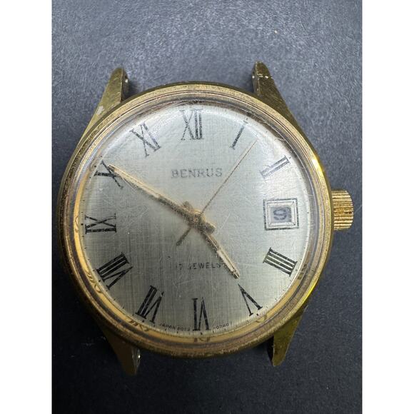 Vintage BENRUS Men\'s Date Watch 17 Jewels Gold Tone Silver Dial 30mm No Band main image 4